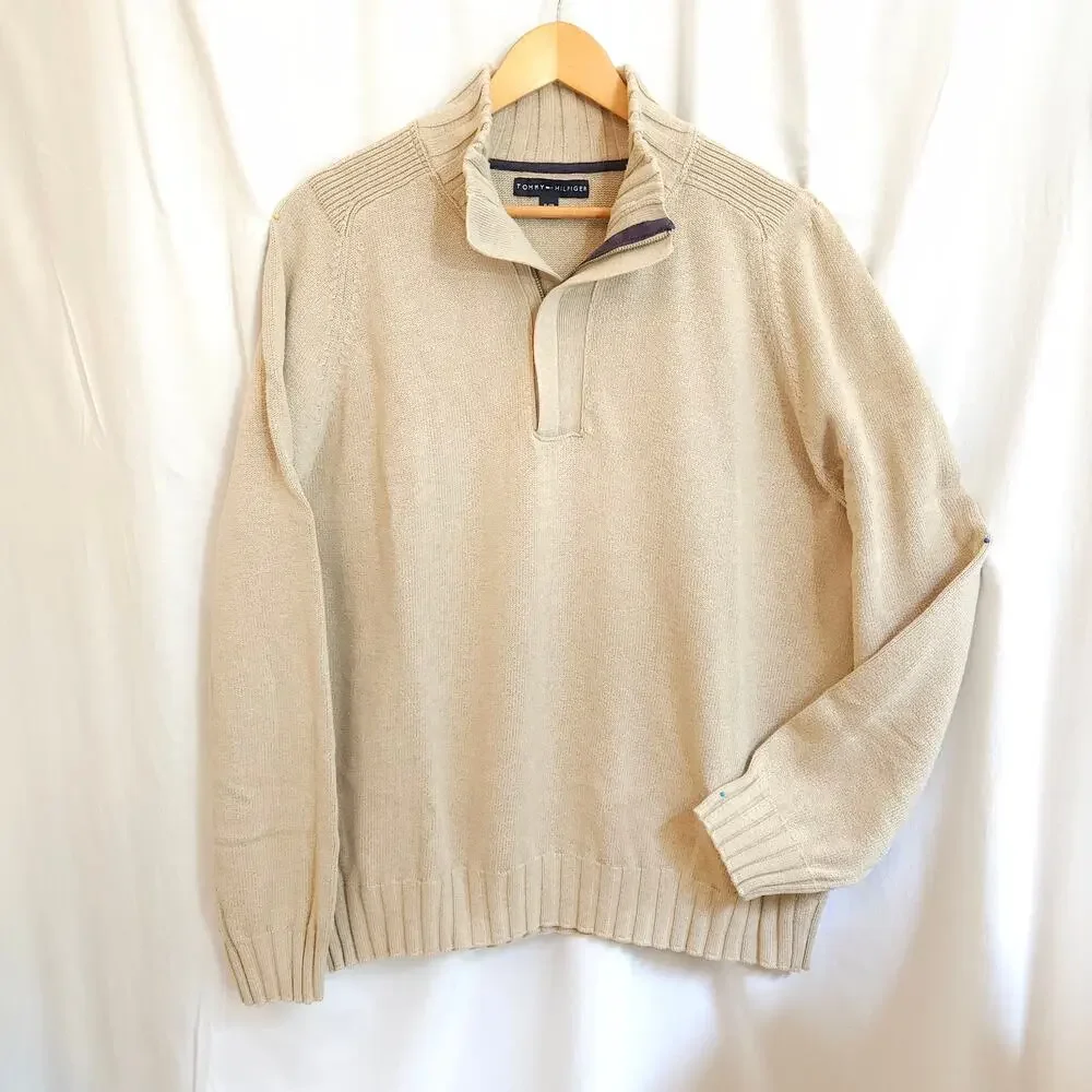 Vintage 2005 Tommy Hilfiger Men XL 1/4 Zip Heavy Cotton Sweater Beige